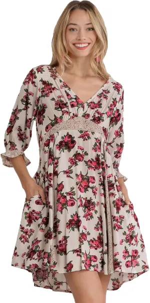 Umgee Mixed Floral Color Block Print V-Neck Babydoll Dress with Pockets