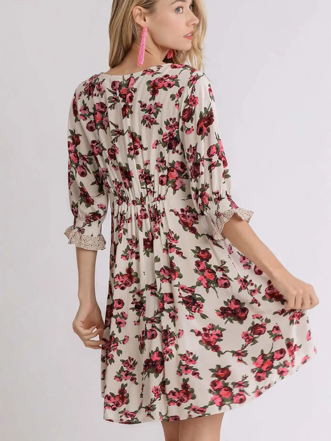 Umgee Mixed Floral Color Block Print V-Neck Babydoll Dress with Pockets