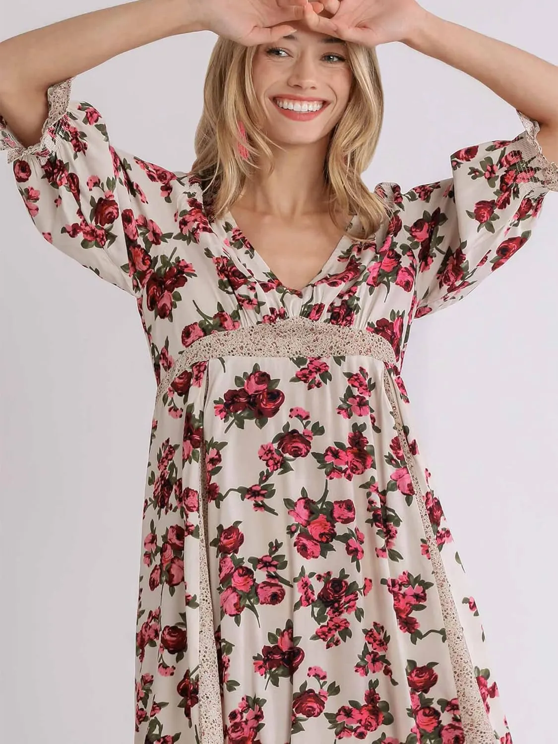 Umgee Mixed Floral Color Block Print V-Neck Babydoll Dress with Pockets