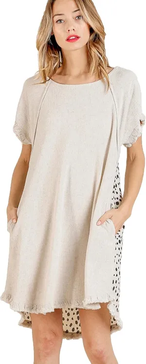 Umgee Womens Linen Blend Short Sleeve Round Neck Animal Print Back Dress