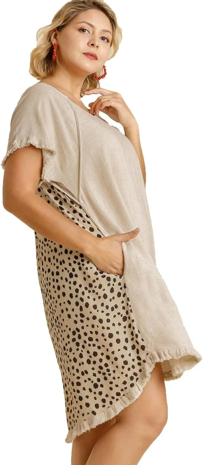 Umgee Womens Linen Blend Short Sleeve Round Neck Animal Print Back Dress