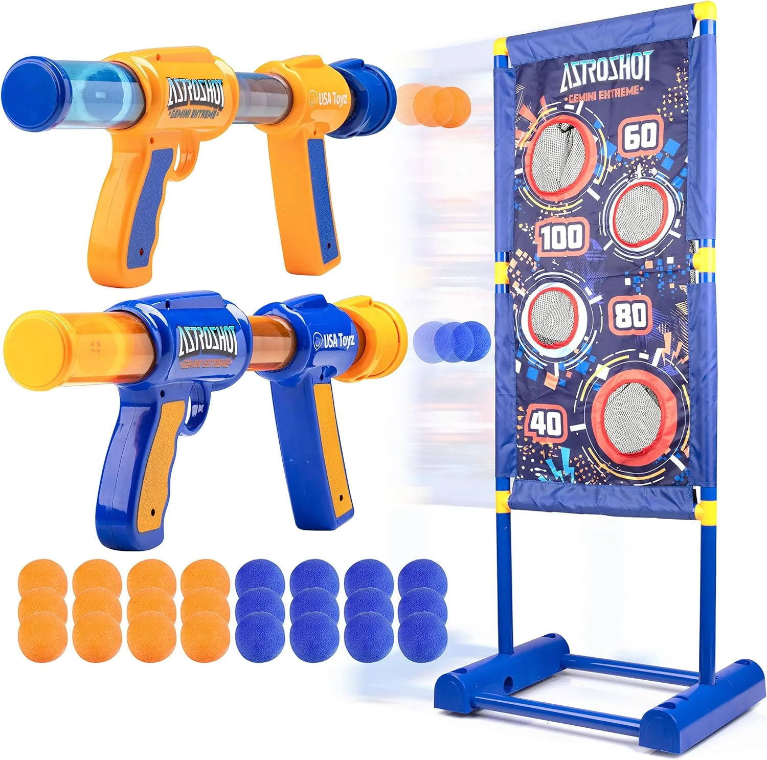 USA Toyz Astroshot Gemini Extreme Shooting Game for Kids 2 Pack Foam Ball Popper Air Guns and Moving Target Shooting Game Toy for Boys Girls 2 Guns 30 Balls Outdoor Compatible with Nerf Blue/Orange