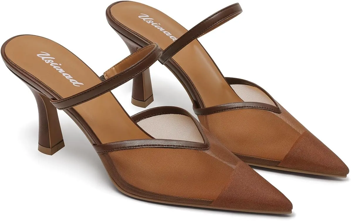 USIMAD Women's Mesh Mule Heels with Memory Foam Insole Pointy Toe Kitten Heels for Women Arch Support