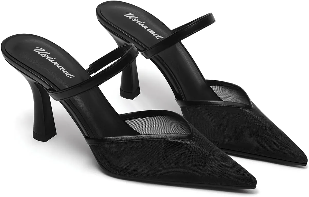 USIMAD Women's Mesh Mule Heels with Memory Foam Insole Pointy Toe Kitten Heels for Women Arch Support