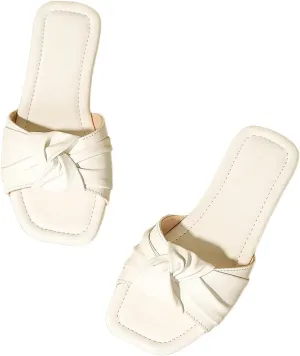 Verdusa Girl's Twist Front Slip on Slippers Y2k Ruched PU Leather Open Toe Flat Sandals White 6.5