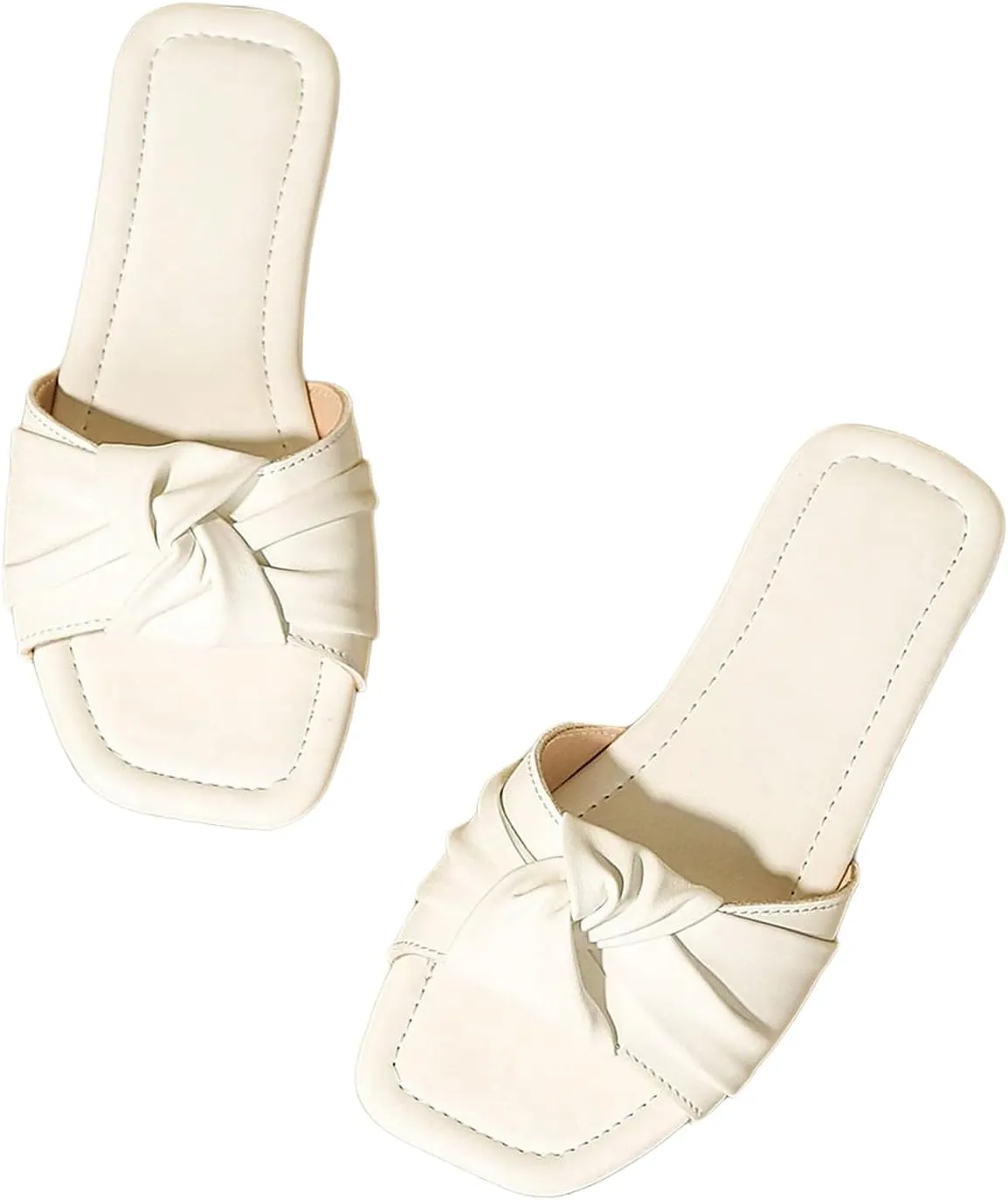 Verdusa Girl's Twist Front Slip on Slippers Y2k Ruched PU Leather Open Toe Flat Sandals White 6.5