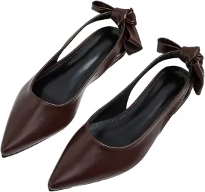 Verdusa Women's Bow Pointed Toe Mule Shoes PU Leather Slingback Low Heels Slip on Flats