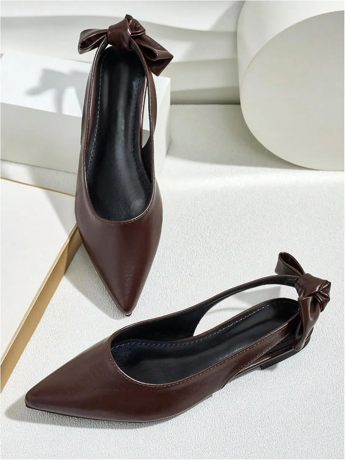 Verdusa Women's Bow Pointed Toe Mule Shoes PU Leather Slingback Low Heels Slip on Flats