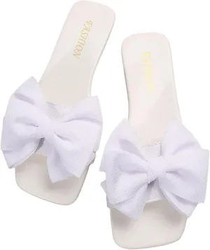 Verdusa Women's Bow Square Toe Flat Sandals Summer Slides Slip On Sandals