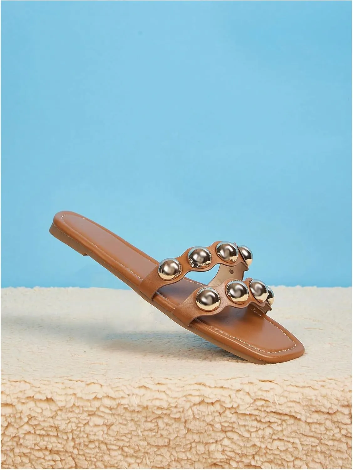 Verdusa Women's Metal Decor Leather Sandals Open Toe Flat Sandals Summer Slippers