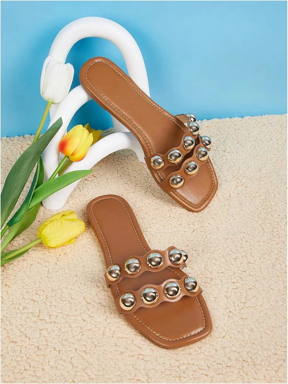 Verdusa Women's Metal Decor Leather Sandals Open Toe Flat Sandals Summer Slippers