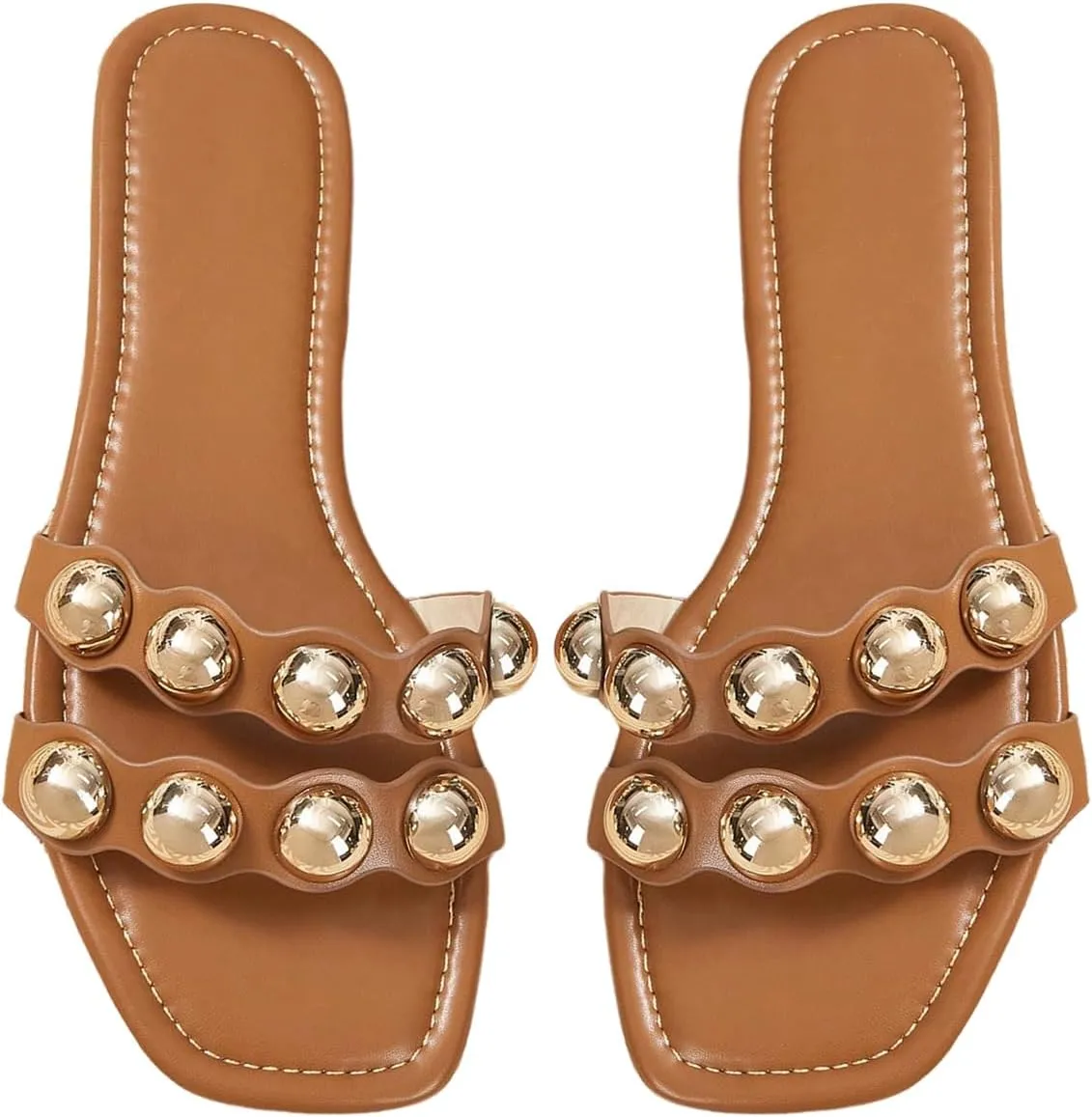 Verdusa Women's Metal Decor Leather Sandals Open Toe Flat Sandals Summer Slippers