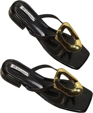 Verdusa Women's Metal Ring Flat Flip Flops Faux Leather Square Toe Slip on Slippers