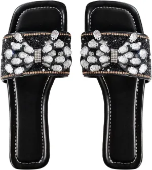 Verdusa Women's Rhinestone Bow Glitter Sandals Square Open Toe Flat Leather Slippers