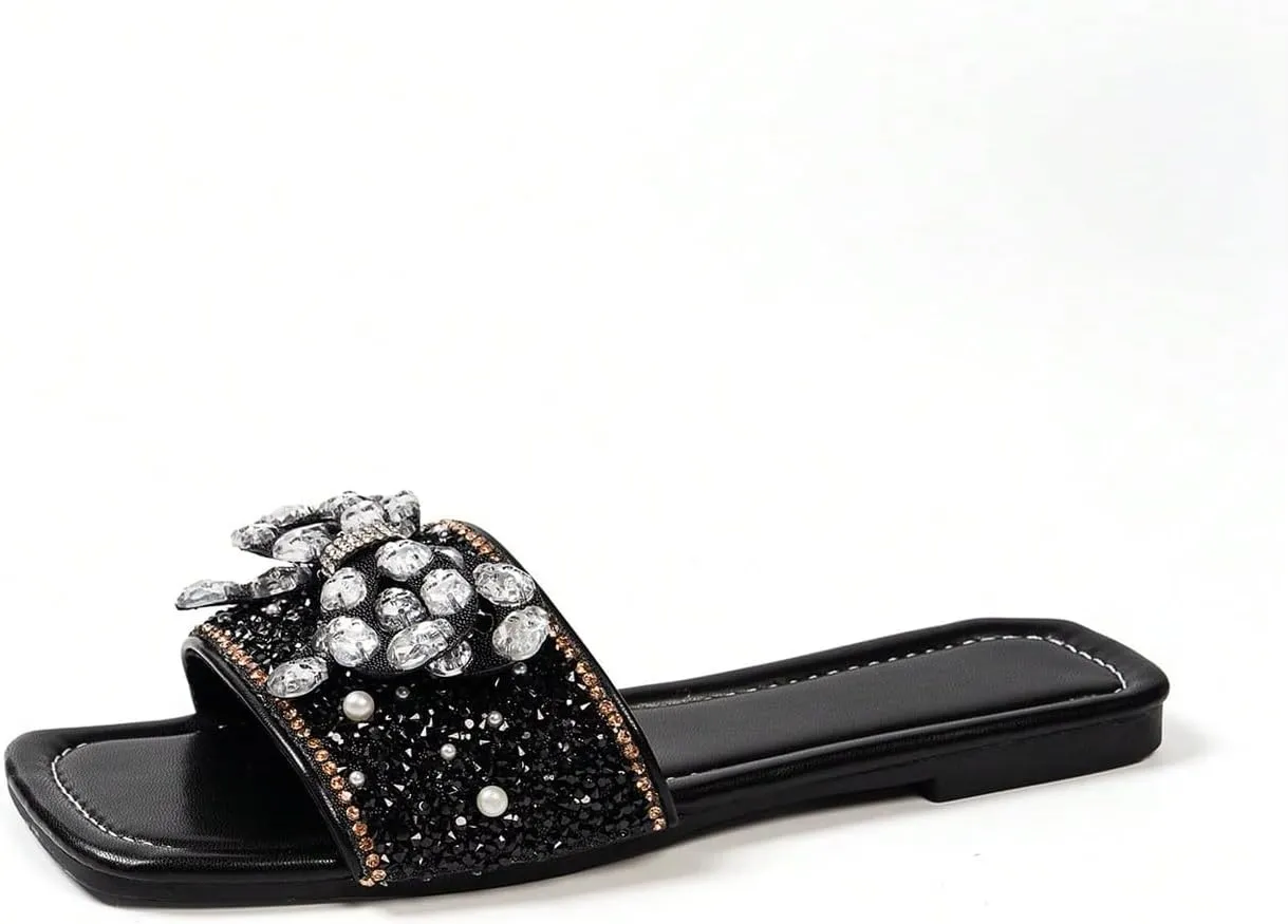 Verdusa Women's Rhinestone Bow Glitter Sandals Square Open Toe Flat Leather Slippers
