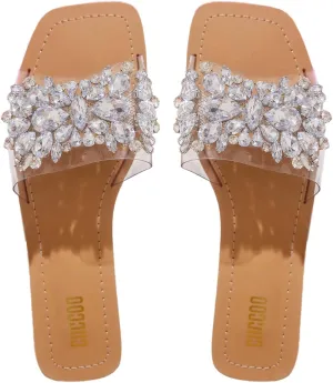 Verdusa Women's Rhinestone Clear Flat Sandals Square Toe Slides Sparkle Transparent Sandals
