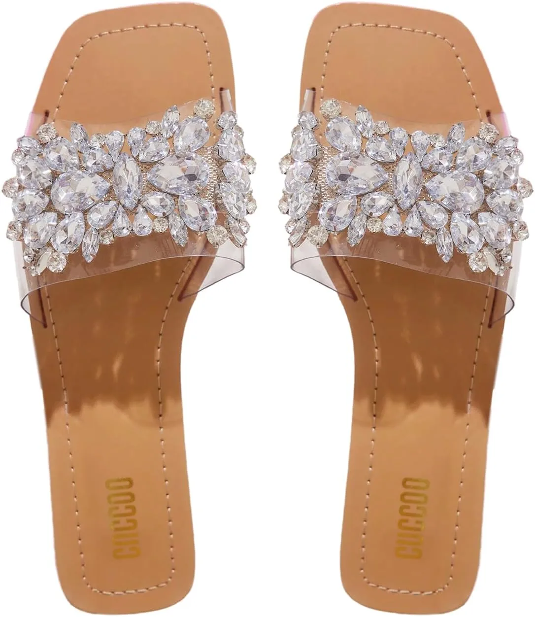 Verdusa Women's Rhinestone Clear Flat Sandals Square Toe Slides Sparkle Transparent Sandals