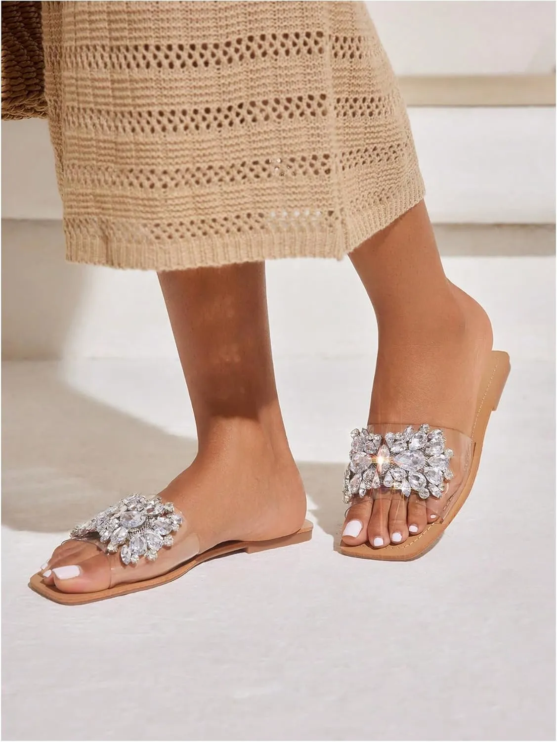 Verdusa Women's Rhinestone Clear Flat Sandals Square Toe Slides Sparkle Transparent Sandals