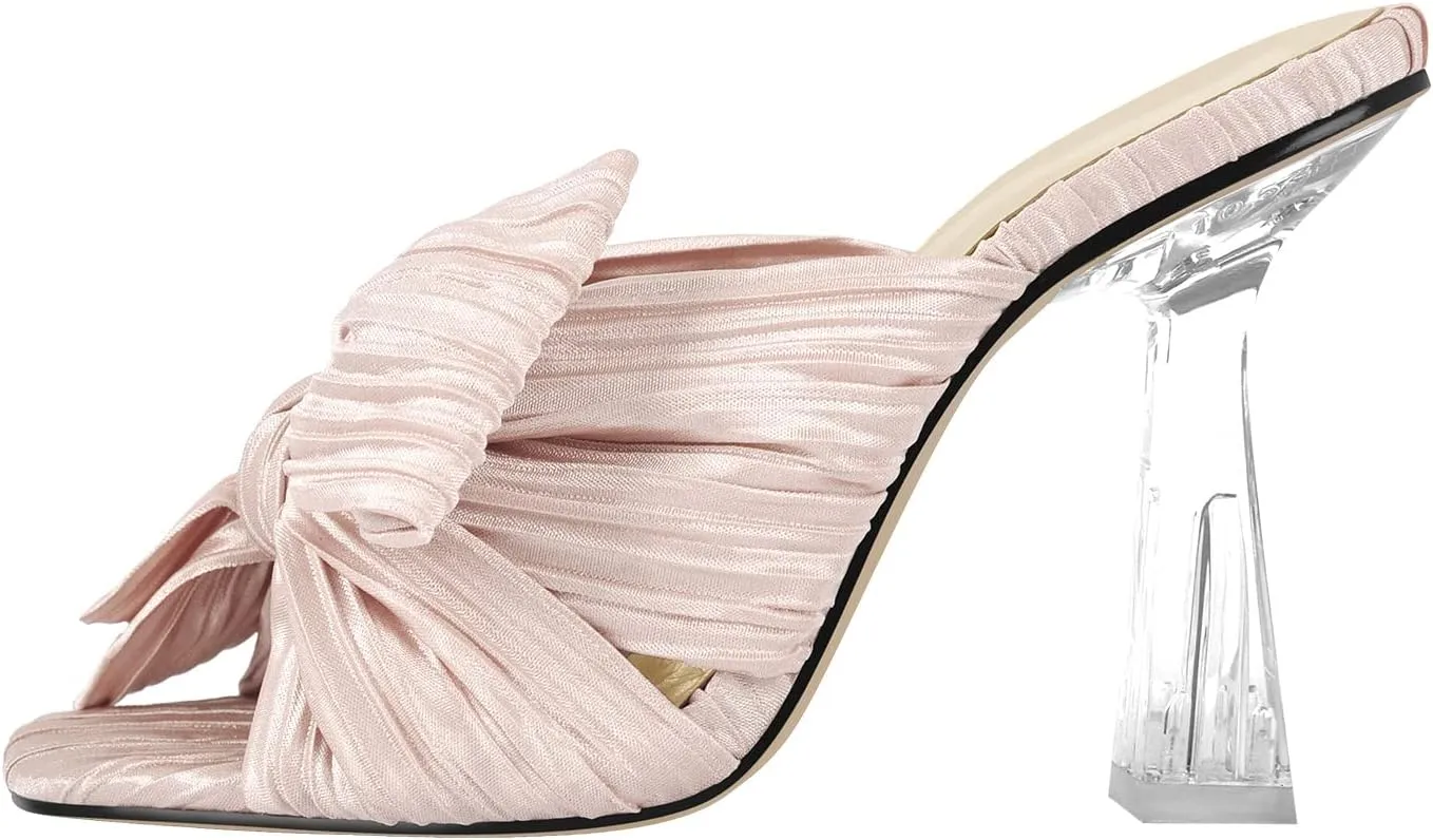 VERISSON Open Toe Mule Bows Band Clear Block High Heels Summer Shoes for Wedding Party