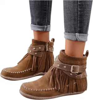 Vintage Boho Boots for Women, Casual Tassel Fringe Suede Wide Round Toe Ankle Booties with Side Zipper Fashion Bohemian Slip On Flats Anti Skid Winter Mid Calf Short Dress Boots for Lady Women