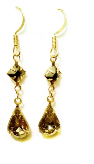 Vintage Khaki Green Czech Rhinestone Teardrop - Drop Wire Earrings