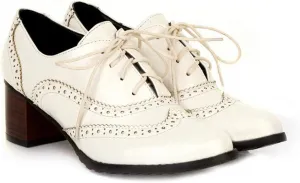 VOKLIN Women's Chunky Block Mid Heels Oxford Pumps Wingtip Perforated Lace Up Vintage Brogues Dress Shoes