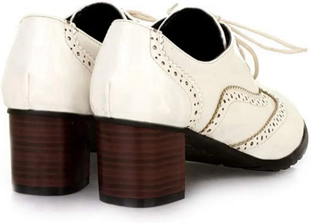 VOKLIN Women's Chunky Block Mid Heels Oxford Pumps Wingtip Perforated Lace Up Vintage Brogues Dress Shoes