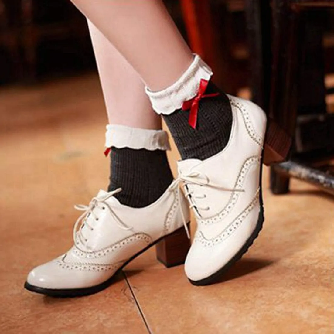 VOKLIN Women's Chunky Block Mid Heels Oxford Pumps Wingtip Perforated Lace Up Vintage Brogues Dress Shoes