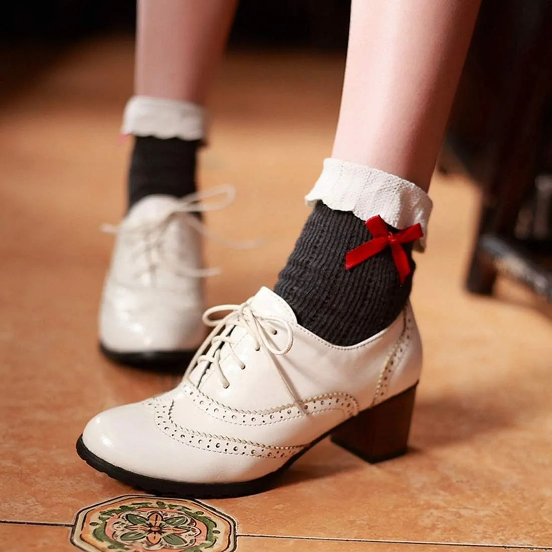 VOKLIN Women's Chunky Block Mid Heels Oxford Pumps Wingtip Perforated Lace Up Vintage Brogues Dress Shoes