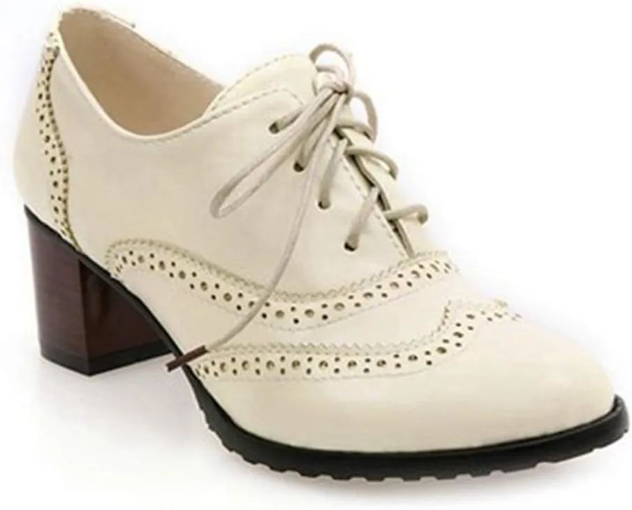 VOKLIN Women's Chunky Block Mid Heels Oxford Pumps Wingtip Perforated Lace Up Vintage Brogues Dress Shoes