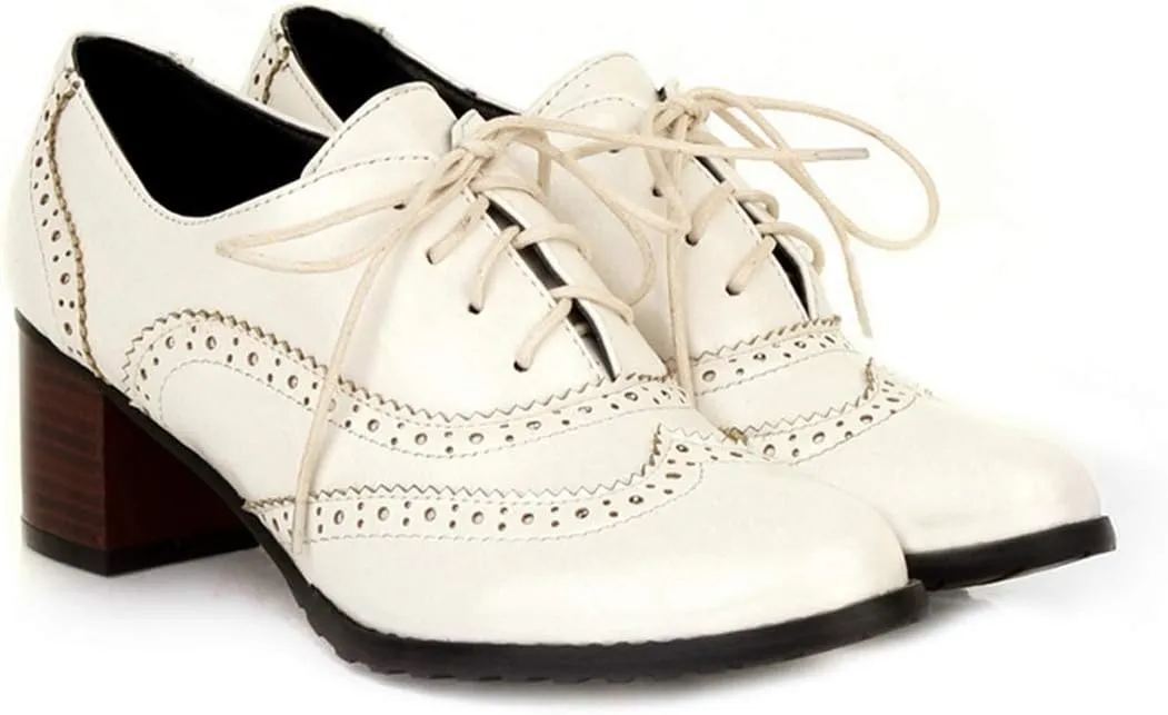 VOKLIN Women's Chunky Block Mid Heels Oxford Pumps Wingtip Perforated Lace Up Vintage Brogues Dress Shoes