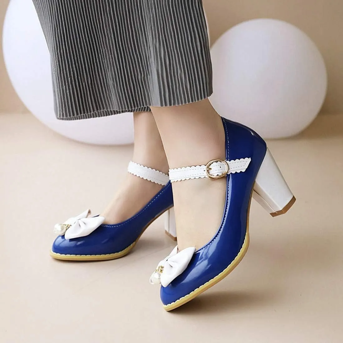 VOKLIN Women's Girls Lolita Sweet Bow Mary Jane Pumps Ankle Strap Platform Block High Heel Oxford Dress Shoes