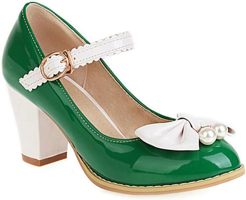 VOKLIN Women's Girls Lolita Sweet Bow Mary Jane Pumps Ankle Strap Platform Block High Heel Oxford Dress Shoes