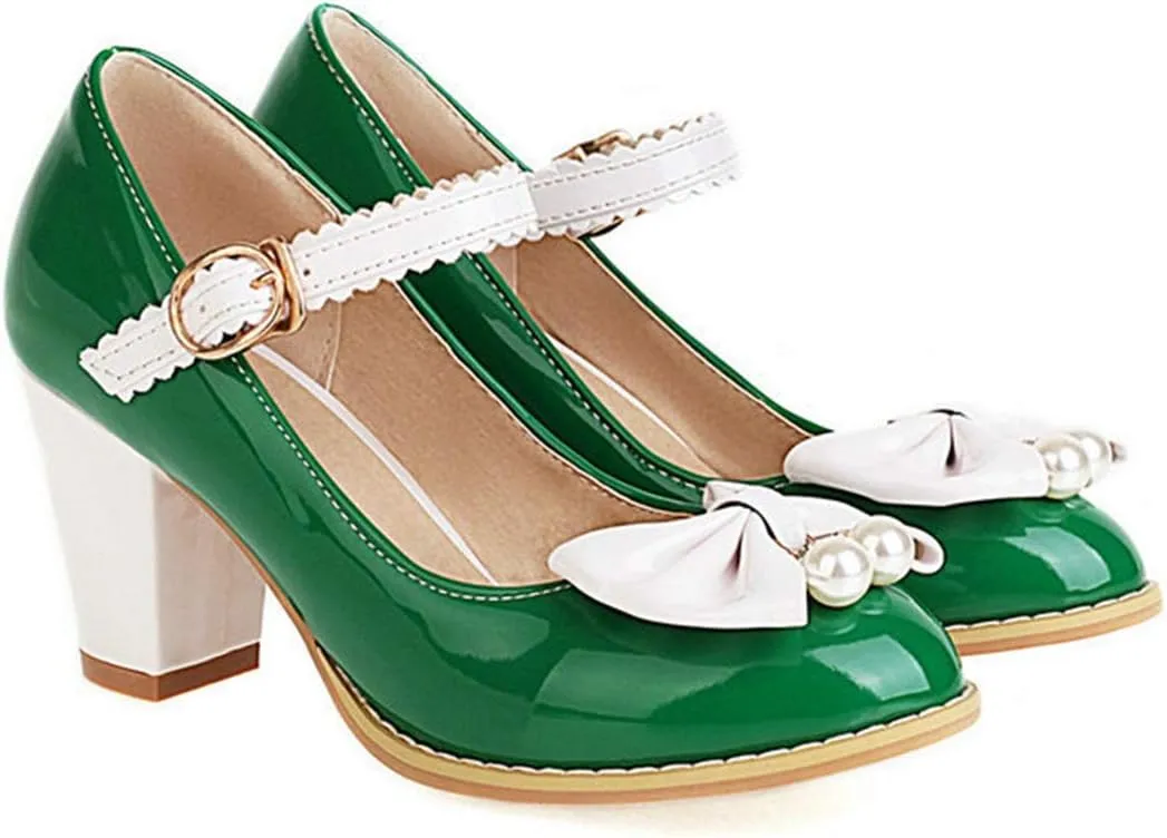 VOKLIN Women's Girls Lolita Sweet Bow Mary Jane Pumps Ankle Strap Platform Block High Heel Oxford Dress Shoes