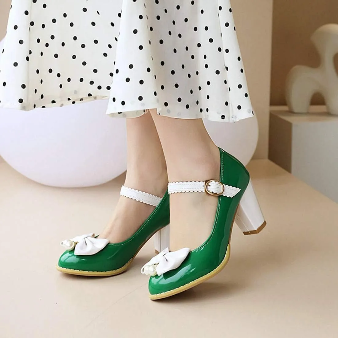 VOKLIN Women's Girls Lolita Sweet Bow Mary Jane Pumps Ankle Strap Platform Block High Heel Oxford Dress Shoes