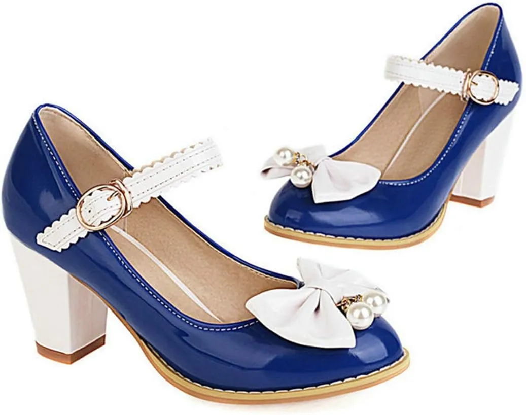VOKLIN Women's Girls Lolita Sweet Bow Mary Jane Pumps Ankle Strap Platform Block High Heel Oxford Dress Shoes