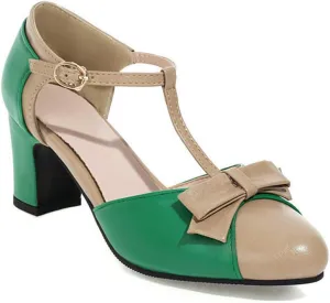 VOKLIN Women's Girls T-Strap Mary Jane Pumps with Bow Round Toe Ankle Strap Block Mid Heel Oxford Dress Shoes