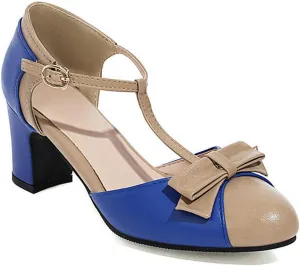 VOKLIN Women's Girls T-Strap Mary Jane Pumps with Bow Round Toe Ankle Strap Block Mid Heel Oxford Dress Shoes