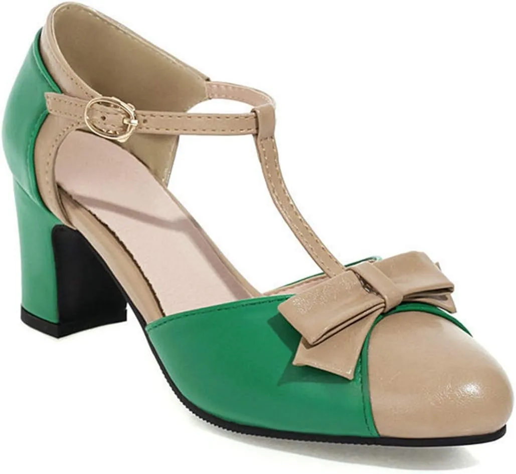 VOKLIN Women's Girls T-Strap Mary Jane Pumps with Bow Round Toe Ankle Strap Block Mid Heel Oxford Dress Shoes