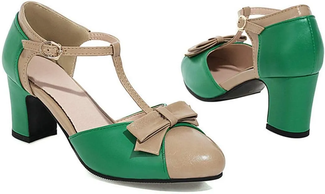 VOKLIN Women's Girls T-Strap Mary Jane Pumps with Bow Round Toe Ankle Strap Block Mid Heel Oxford Dress Shoes