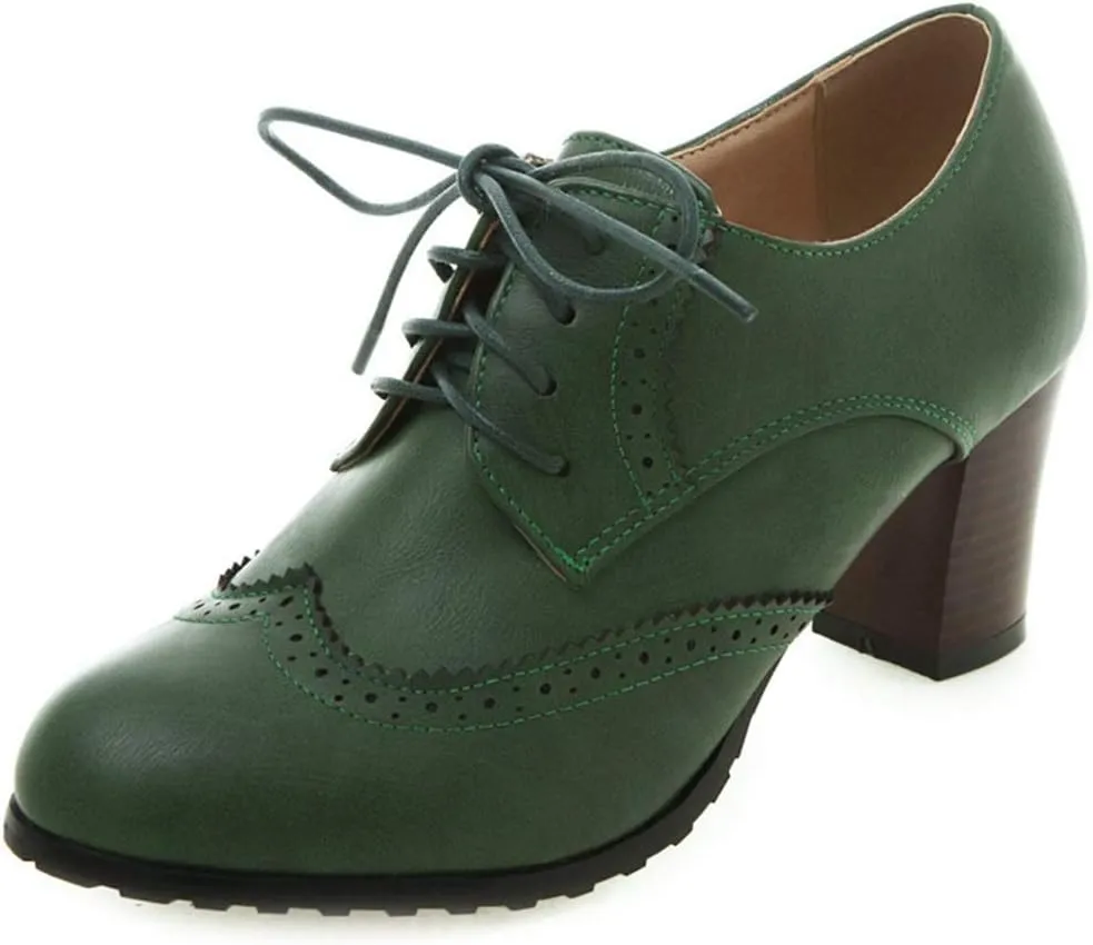 VOKLIN Women's Lace Up Wingtip Pump Oxfords Brogues Perforated Chunky Block High Heels Vintage Dress Shoes