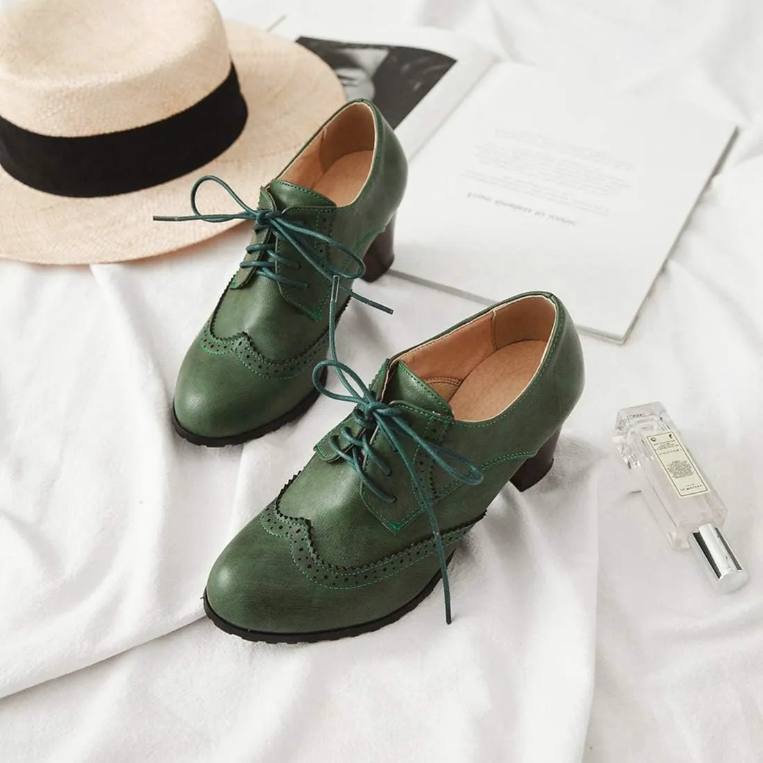 VOKLIN Women's Lace Up Wingtip Pump Oxfords Brogues Perforated Chunky Block High Heels Vintage Dress Shoes