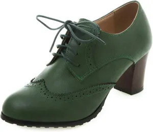 VOKLIN Women's Lace Up Wingtip Pump Oxfords Brogues Perforated Chunky Block High Heels Vintage Dress Shoes