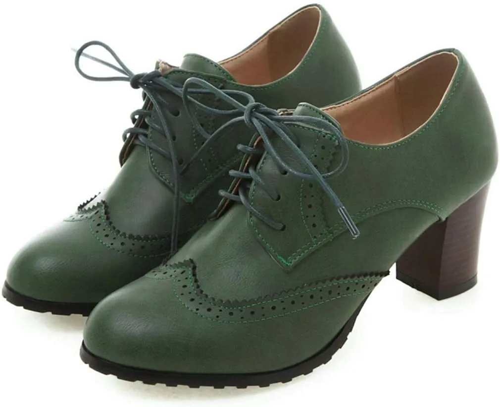 VOKLIN Women's Lace Up Wingtip Pump Oxfords Brogues Perforated Chunky Block High Heels Vintage Dress Shoes
