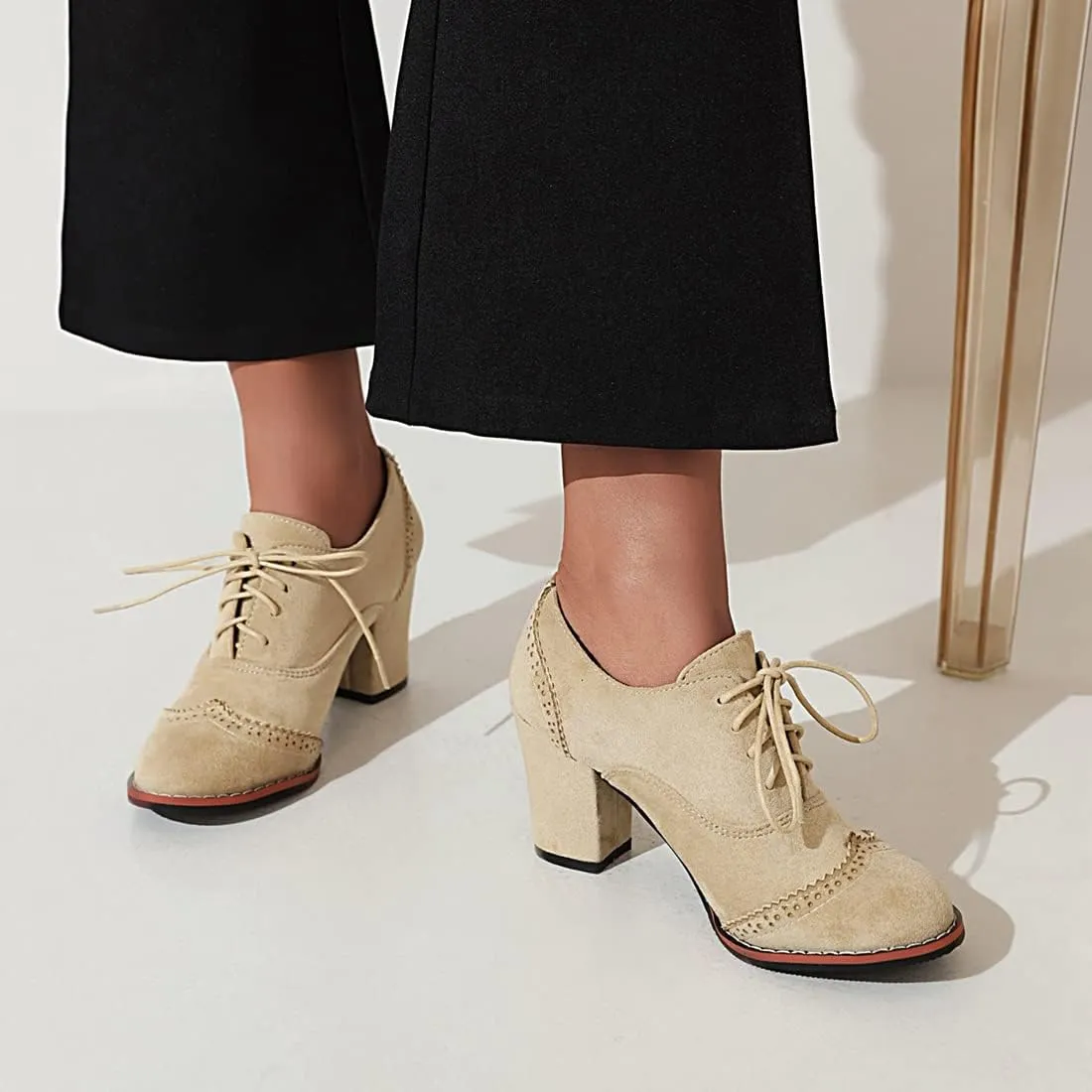 VOKLIN Women's Retro Round Toe Lace Up Dress Pumps Vegan Suede Chunky Block High Heel Work Office Pump Shoes