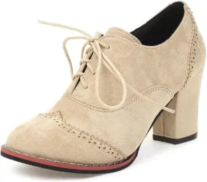 VOKLIN Women's Retro Round Toe Lace Up Dress Pumps Vegan Suede Chunky Block High Heel Work Office Pump Shoes