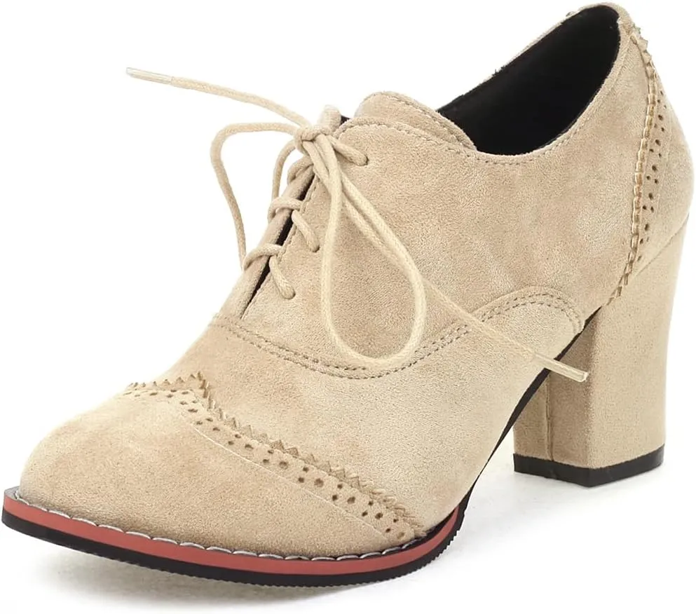VOKLIN Women's Retro Round Toe Lace Up Dress Pumps Vegan Suede Chunky Block High Heel Work Office Pump Shoes