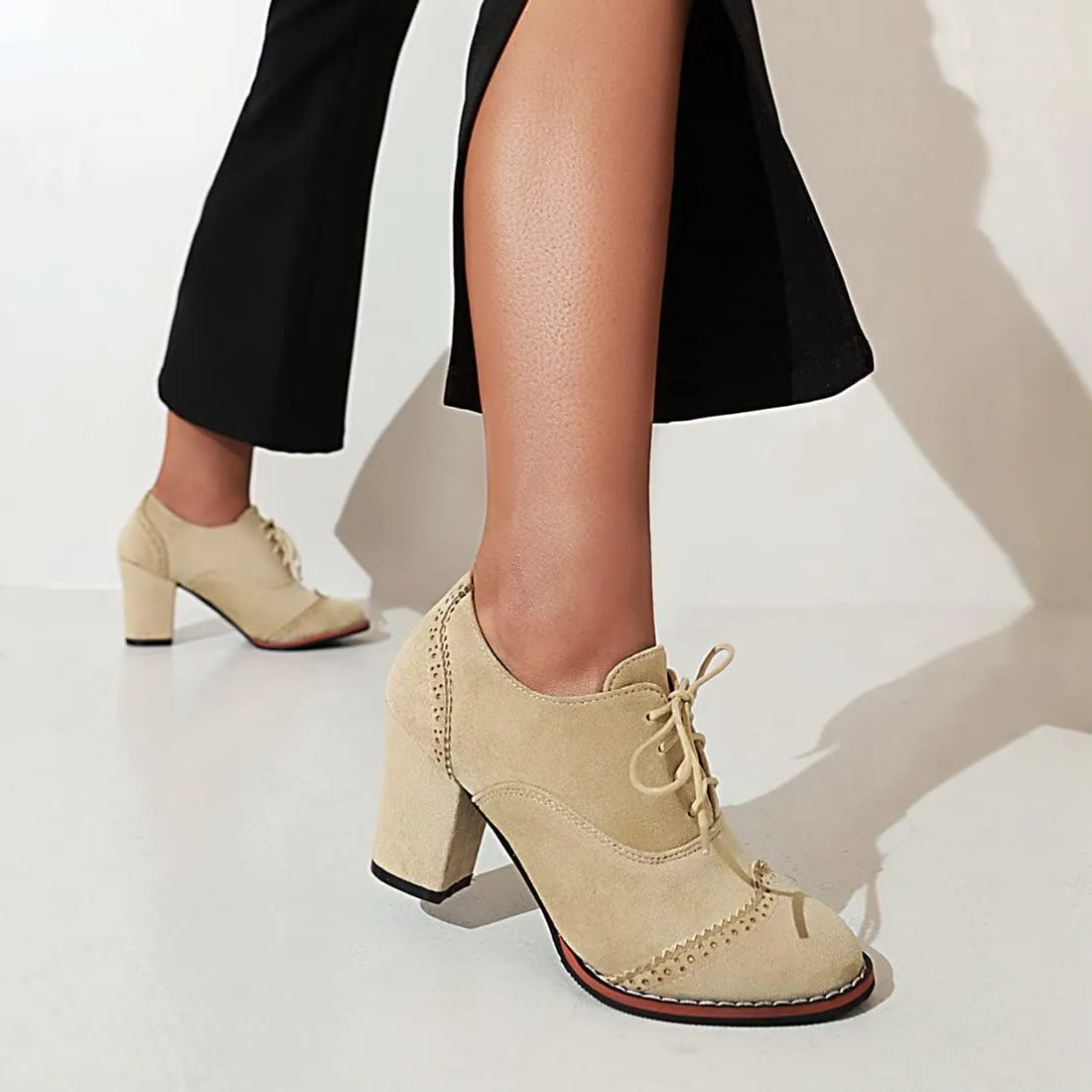VOKLIN Women's Retro Round Toe Lace Up Dress Pumps Vegan Suede Chunky Block High Heel Work Office Pump Shoes