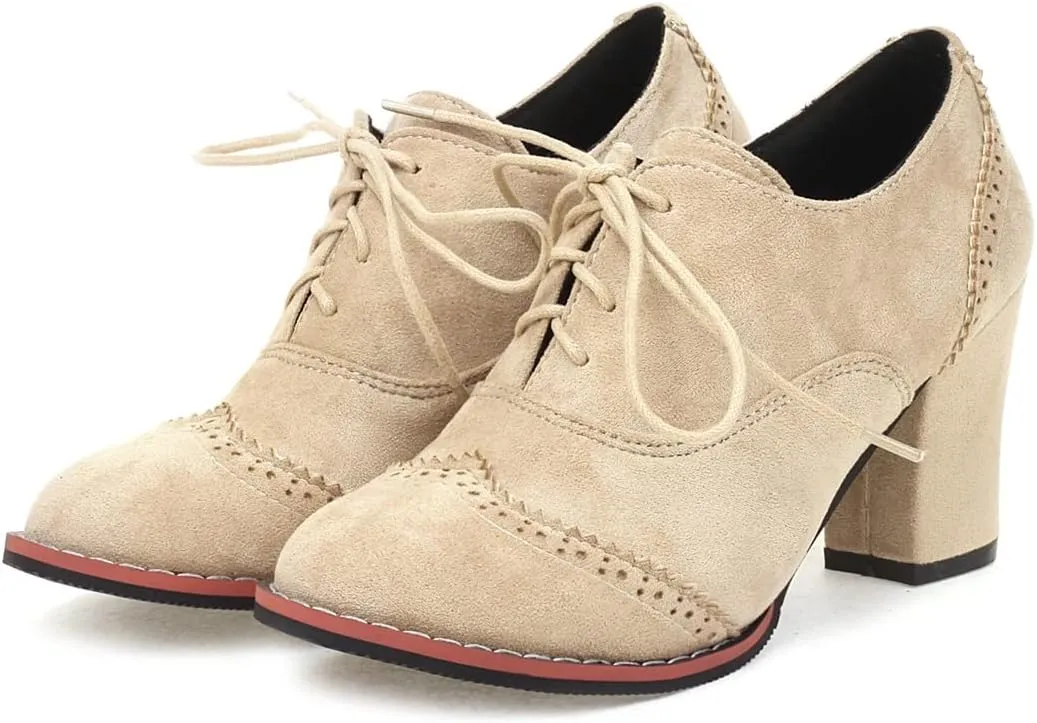 VOKLIN Women's Retro Round Toe Lace Up Dress Pumps Vegan Suede Chunky Block High Heel Work Office Pump Shoes