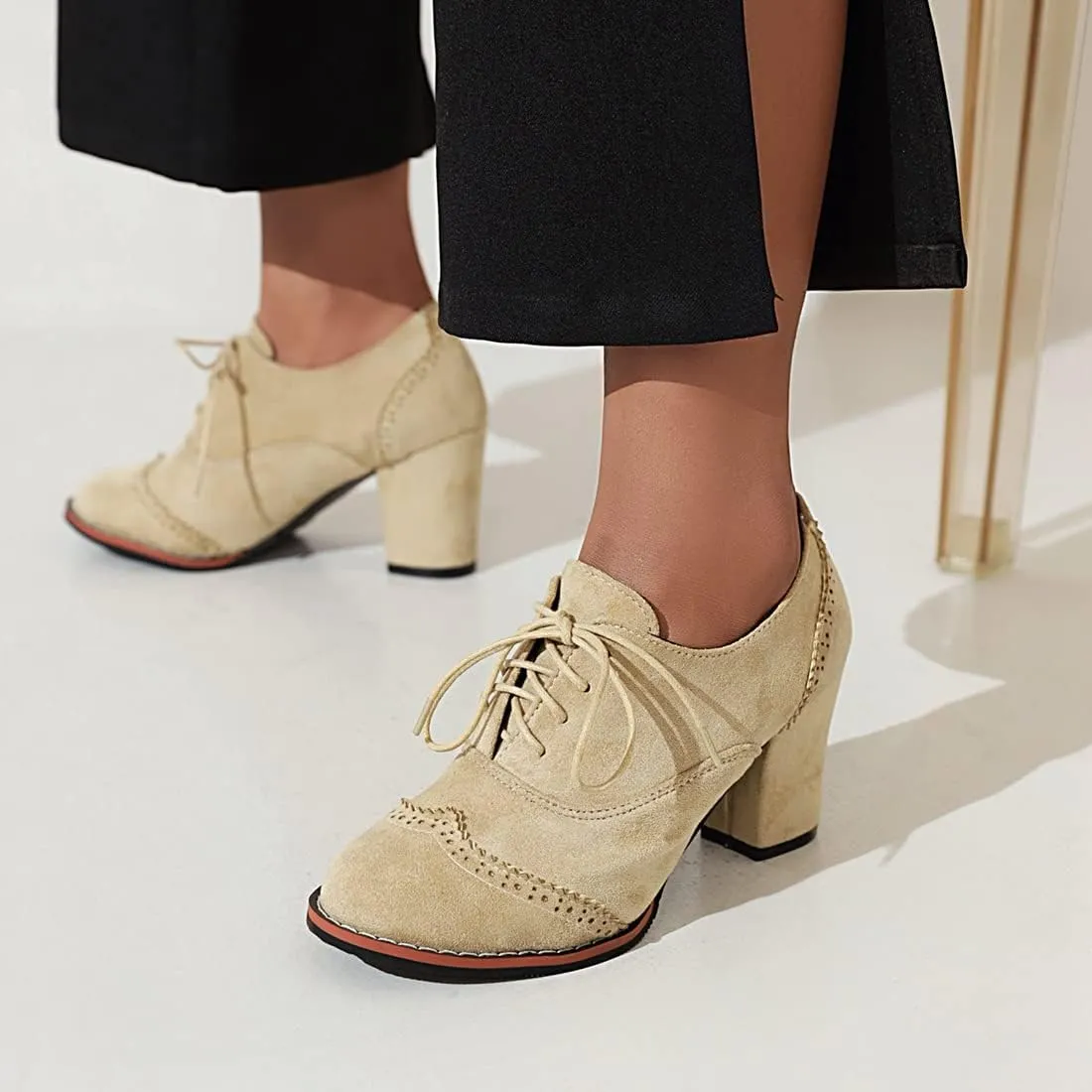 VOKLIN Women's Retro Round Toe Lace Up Dress Pumps Vegan Suede Chunky Block High Heel Work Office Pump Shoes